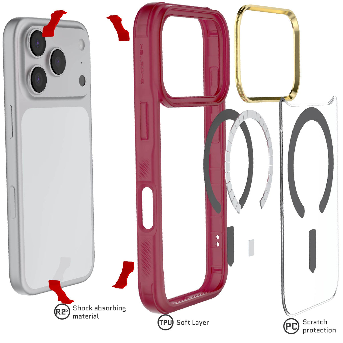 iPhone 18 Pro Case Red Clear MagSafe Protective Phone Cover Shockproof Magnetic Mag Safe Slim Thin