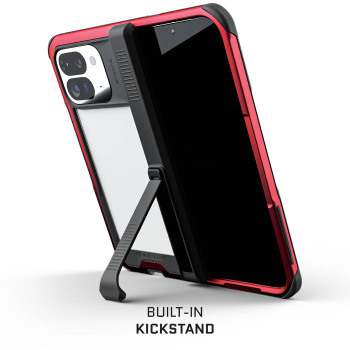 Google Pixel 9 Pro Fold Protective Phone Case Red Kickstand Metal Clear